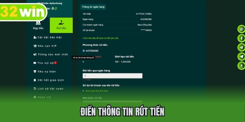 Điền thông tin rút tiền
