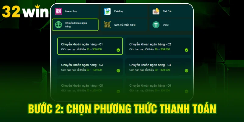 Bước 2 chọn phương thức thanh toán